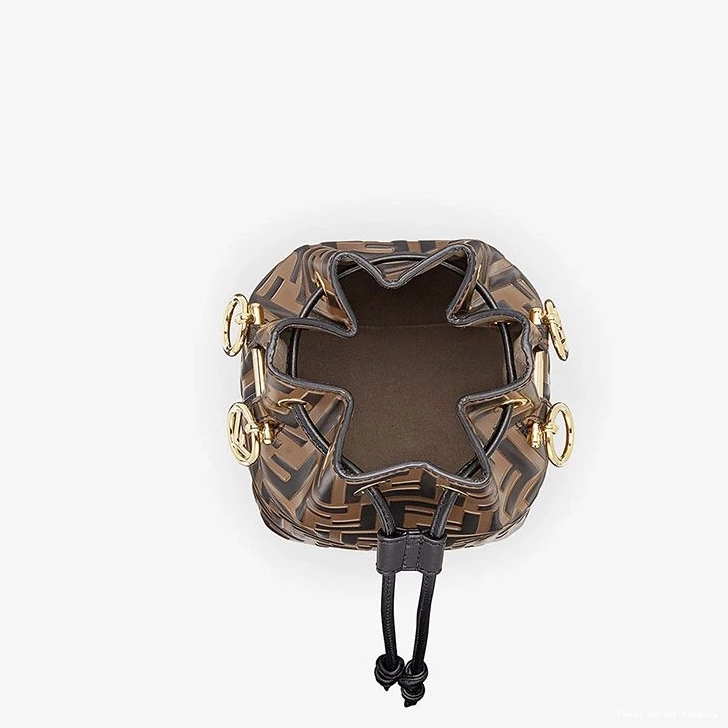 Vintage HOT Mini Motif Leather Bucket Bag Brown Mon In Calf Tresor FF Fendi 0715